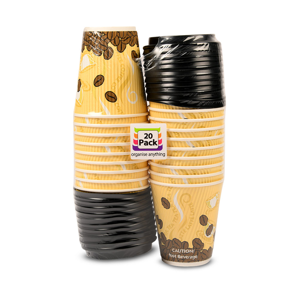 Cup Kraft Ripple Design & Lids 350ml 20pk